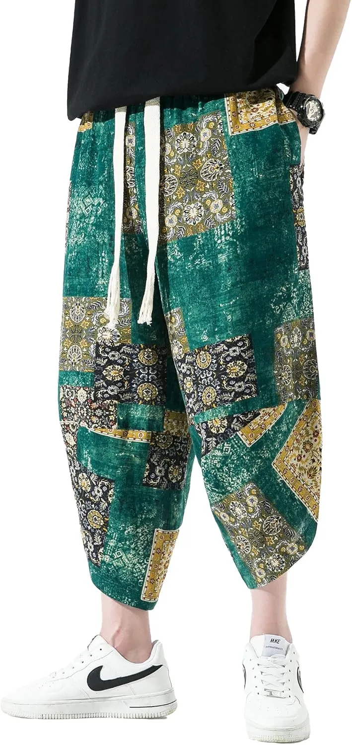 PRIJOUHE Men's Casual Wide Leg Baggy Harem Pant Lightweight Drop Crotch Summer Beach Linen Capri Pants