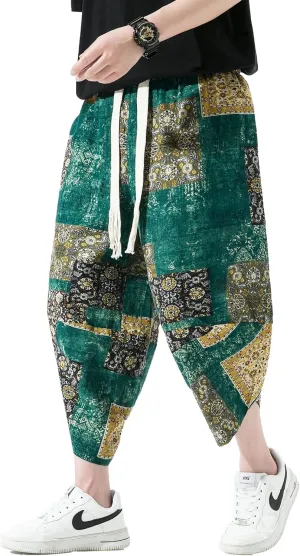 PRIJOUHE Men's Casual Wide Leg Baggy Harem Pant Lightweight Drop Crotch Summer Beach Linen Capri Pants
