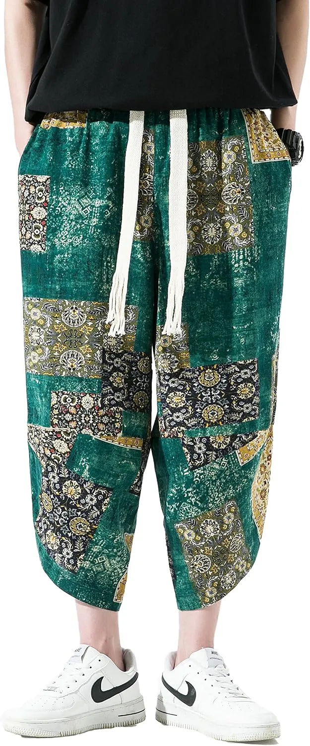 PRIJOUHE Men's Casual Wide Leg Baggy Harem Pant Lightweight Drop Crotch Summer Beach Linen Capri Pants