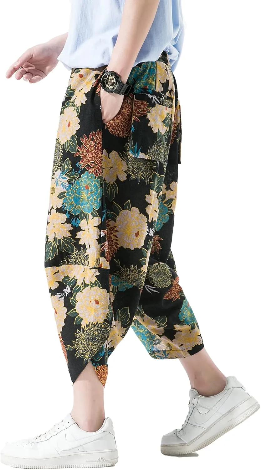 PRIJOUHE Men's Casual Wide Leg Baggy Harem Pant Lightweight Drop Crotch Summer Beach Linen Capri Pants