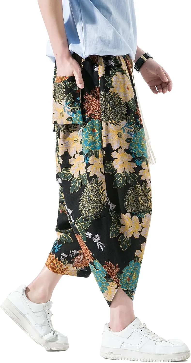PRIJOUHE Men's Casual Wide Leg Baggy Harem Pant Lightweight Drop Crotch Summer Beach Linen Capri Pants