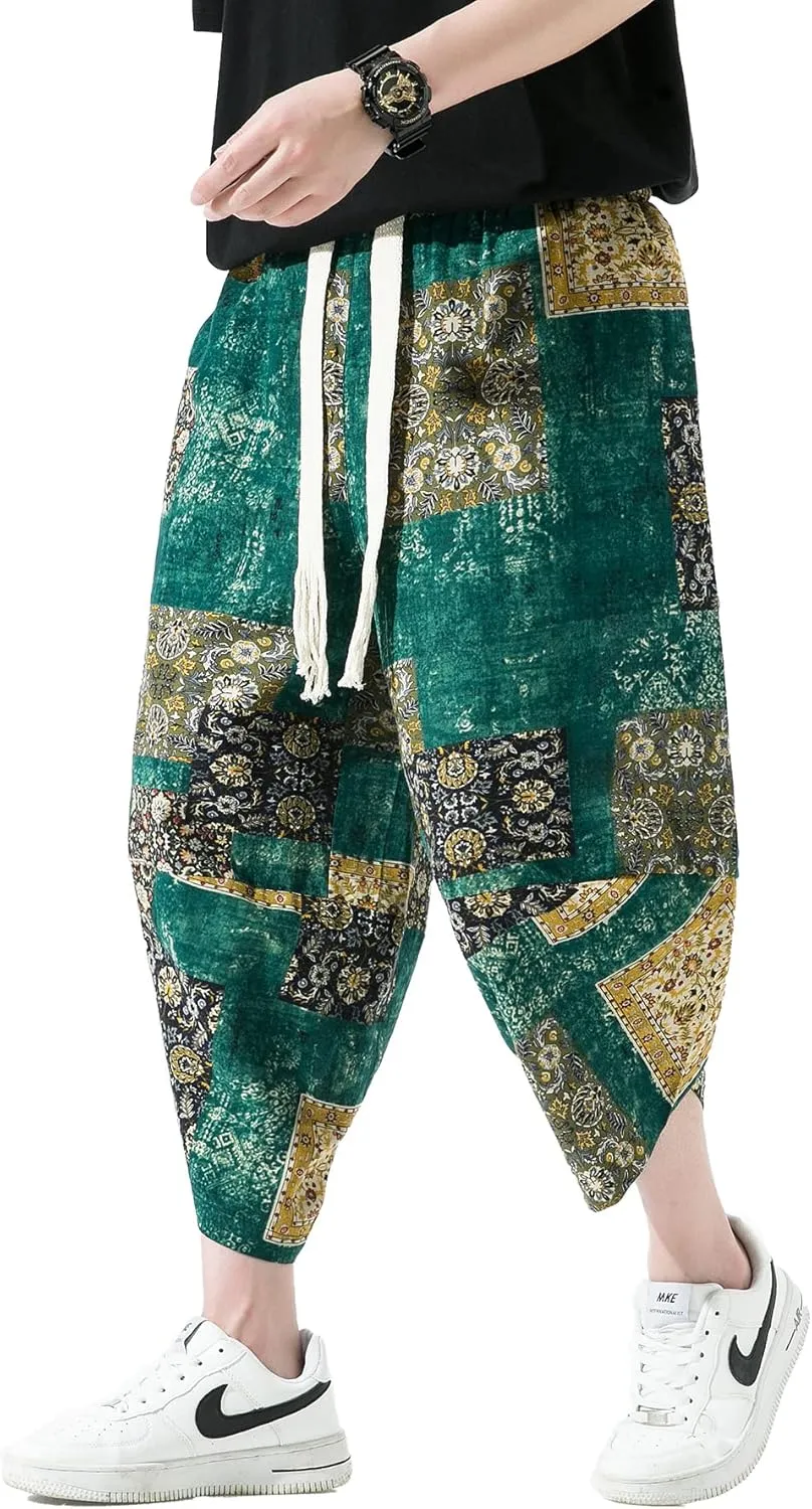 PRIJOUHE Men's Casual Wide Leg Baggy Harem Pant Lightweight Drop Crotch Summer Beach Linen Capri Pants
