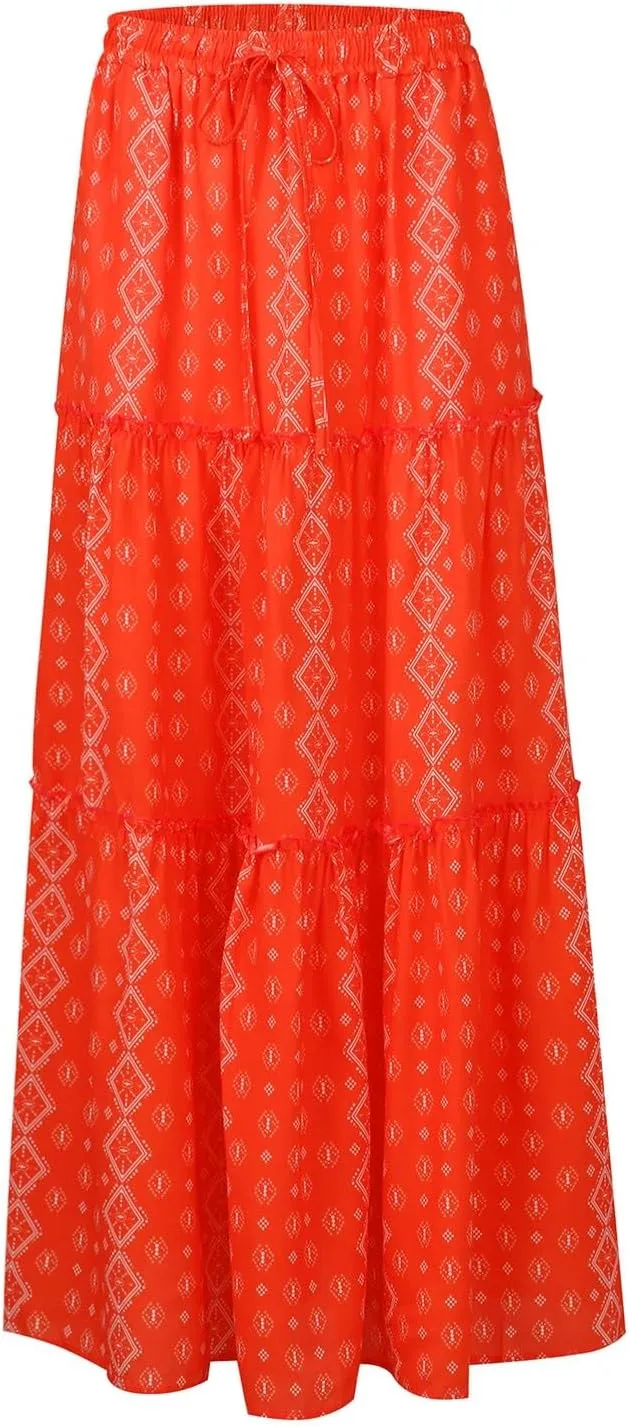 Ruffle Maxi Skirt for Women Summer Drawstring Elastic Aline Skirt Elegant Tiered Pleated Skirts Long with Pockets