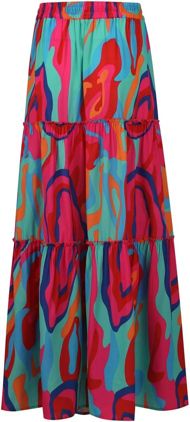 Ruffle Maxi Skirt for Women Summer Drawstring Elastic Aline Skirt Elegant Tiered Pleated Skirts Long with Pockets