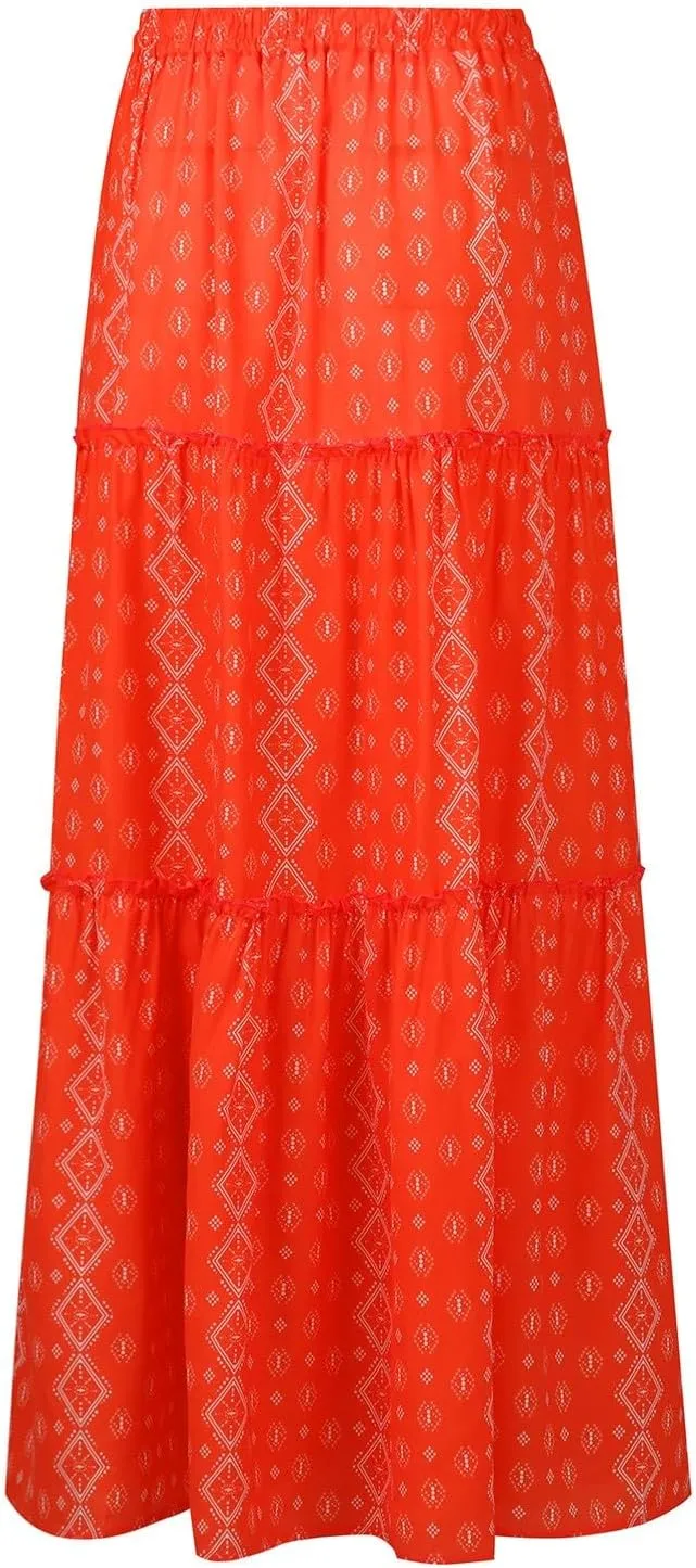 Ruffle Maxi Skirt for Women Summer Drawstring Elastic Aline Skirt Elegant Tiered Pleated Skirts Long with Pockets
