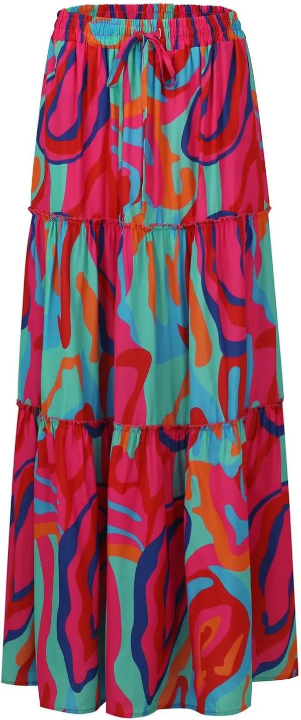 Ruffle Maxi Skirt for Women Summer Drawstring Elastic Aline Skirt Elegant Tiered Pleated Skirts Long with Pockets