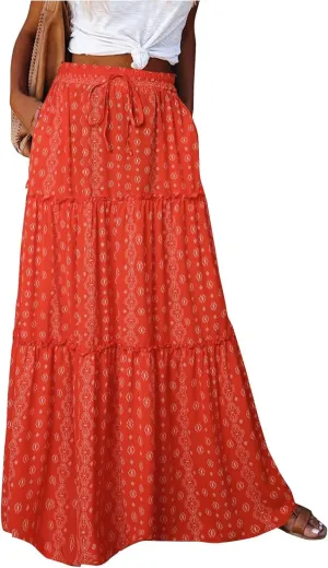 Ruffle Maxi Skirt for Women Summer Drawstring Elastic Aline Skirt Elegant Tiered Pleated Skirts Long with Pockets