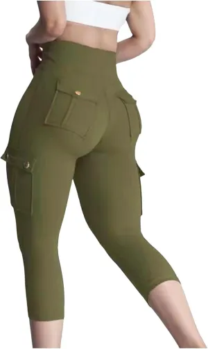 Seamless Leggings for Women Cargo High Waist Solid Slim Fit Workout Cargo Leggings with Pockets Capri Pants for Women