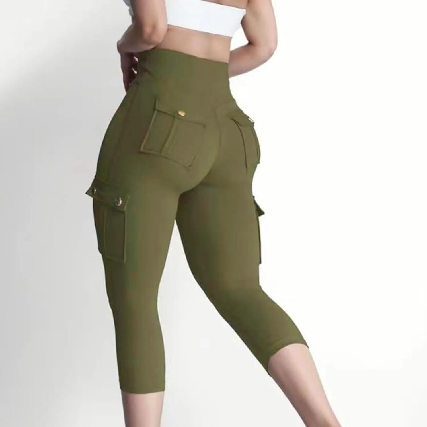 Seamless Leggings for Women Cargo High Waist Solid Slim Fit Workout Cargo Leggings with Pockets Capri Pants for Women