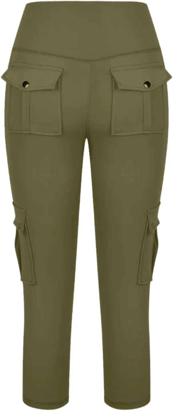 Seamless Leggings for Women Cargo High Waist Solid Slim Fit Workout Cargo Leggings with Pockets Capri Pants for Women