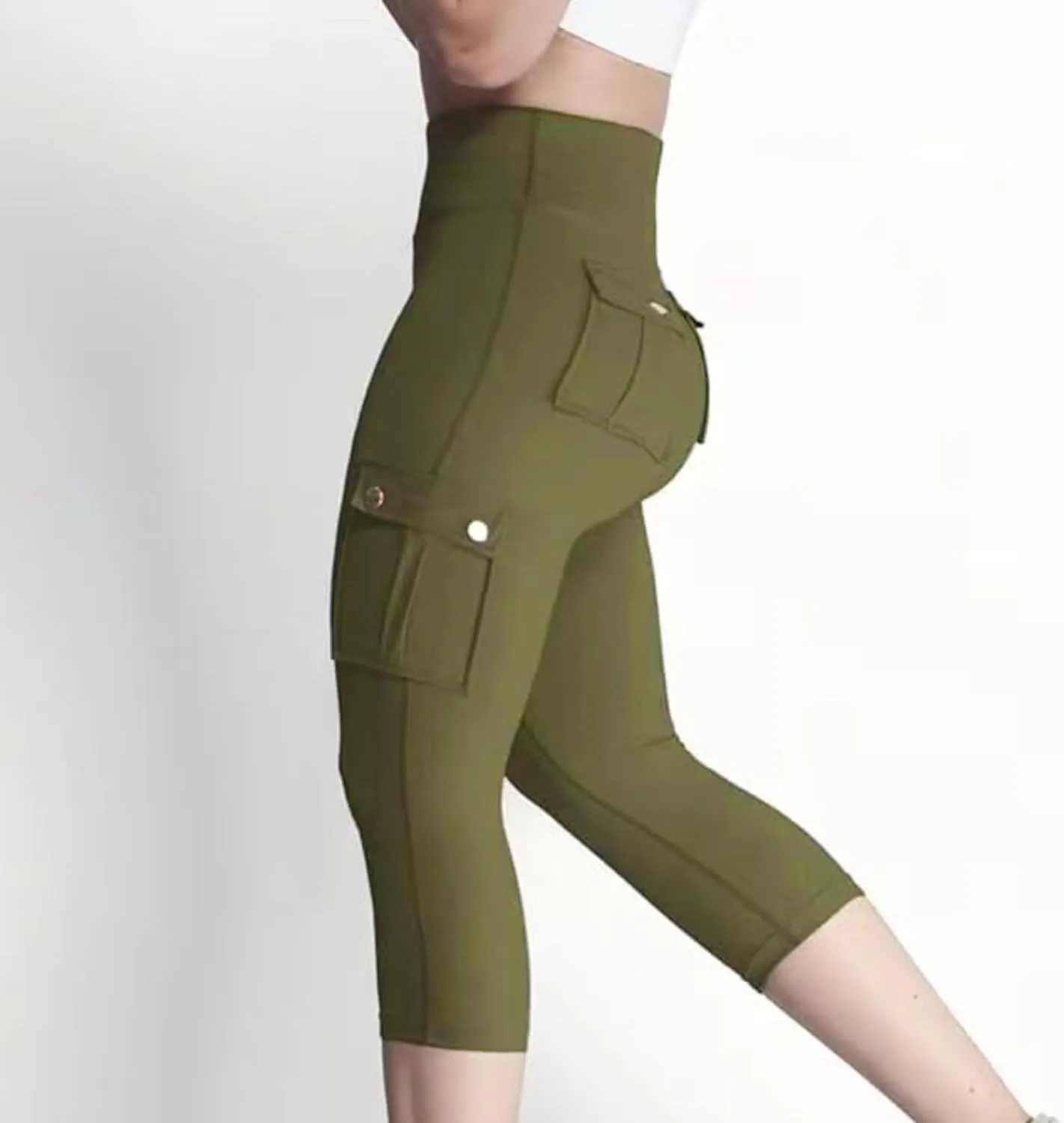 Seamless Leggings for Women Cargo High Waist Solid Slim Fit Workout Cargo Leggings with Pockets Capri Pants for Women
