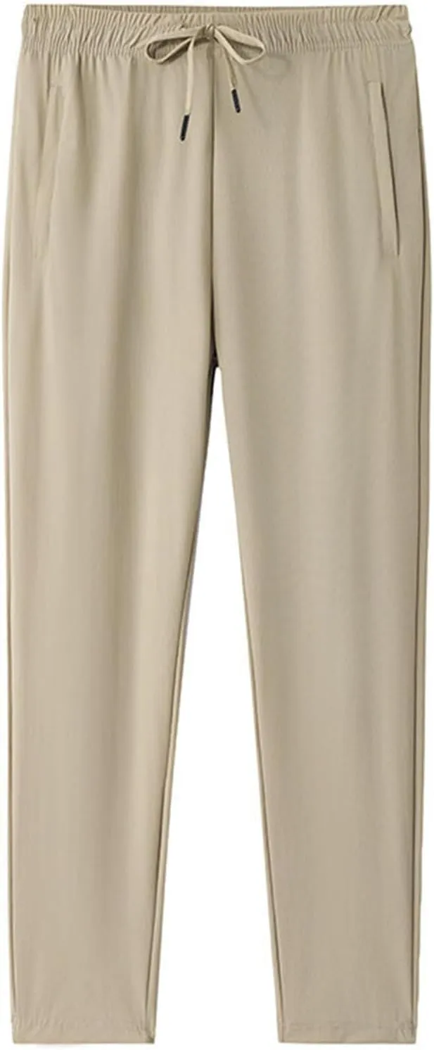 Sinzelimin Men's Jogger Sweatpants Summer Fashion Thin Ice Silk Stretch Comfy Drawstring Elastic Waist Wide Leg Running Pants