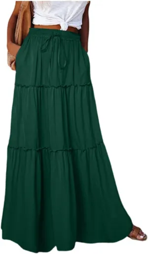 Skirts for Women Summer Flowy Tiered Elastic High Waisted Skirt Vacation Swing Boho Long Solid/Floral Maxi Skirts