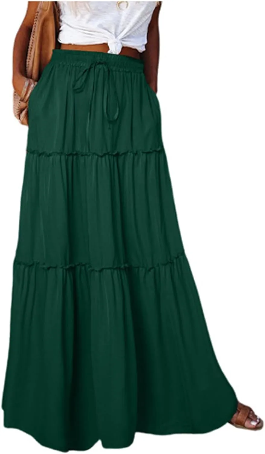 Skirts for Women Summer Flowy Tiered Elastic High Waisted Skirt Vacation Swing Boho Long Solid/Floral Maxi Skirts
