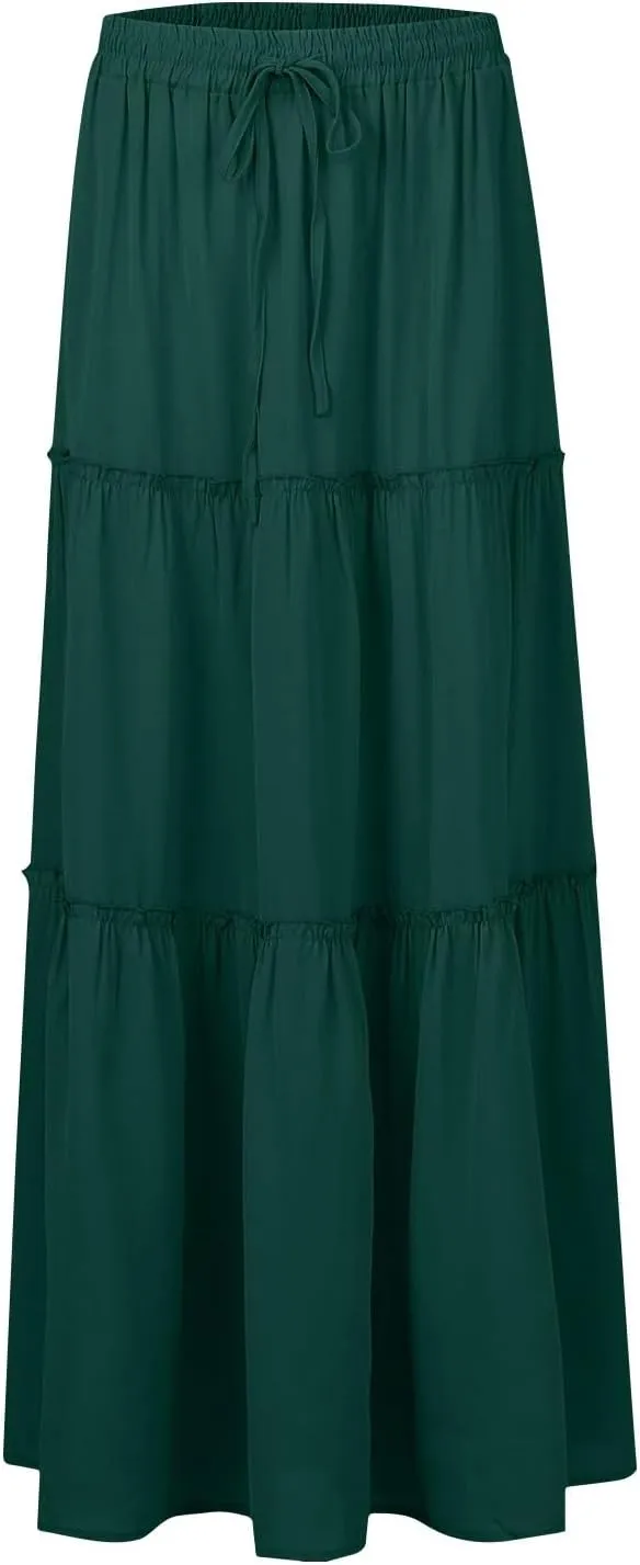 Skirts for Women Summer Flowy Tiered Elastic High Waisted Skirt Vacation Swing Boho Long Solid/Floral Maxi Skirts