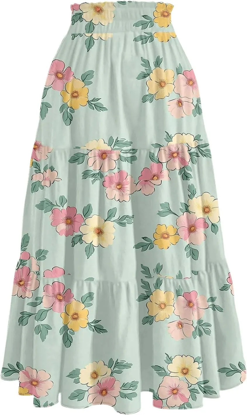 Skirts for Women Summer Midi Skirt High Waist Skirts Knee Length Tiered A Line Floral Graphic Boho Skirt with Pocket