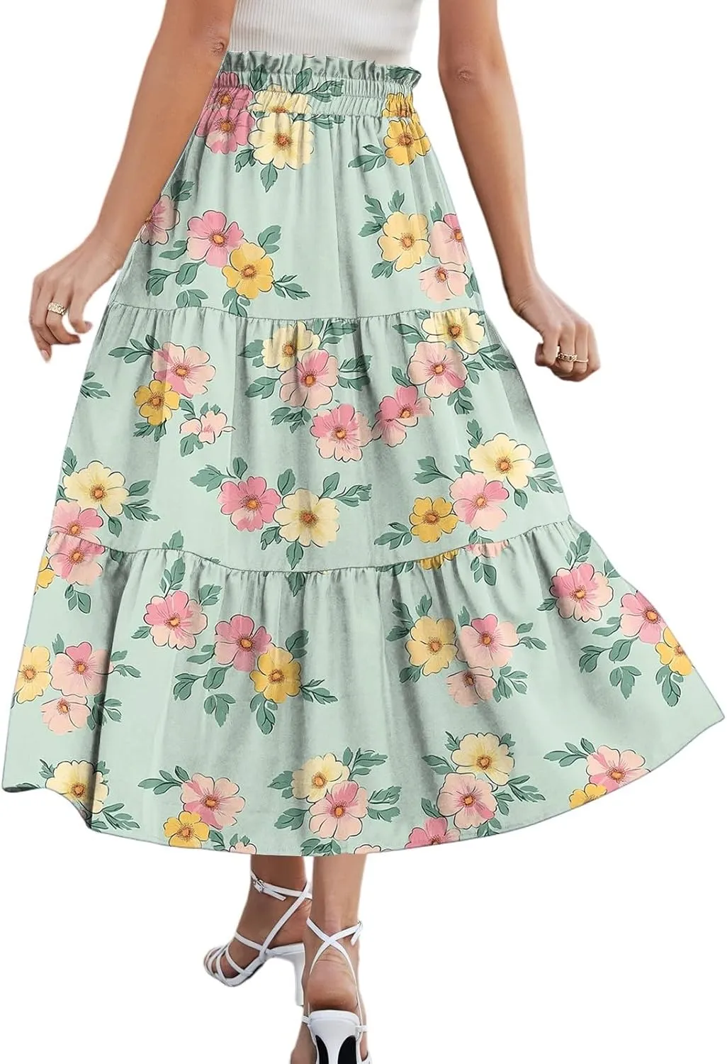 Skirts for Women Summer Midi Skirt High Waist Skirts Knee Length Tiered A Line Floral Graphic Boho Skirt with Pocket