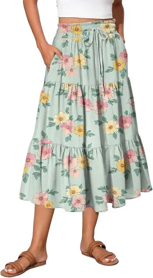 Skirts for Women Summer Midi Skirt High Waist Skirts Knee Length Tiered A Line Floral Graphic Boho Skirt with Pocket