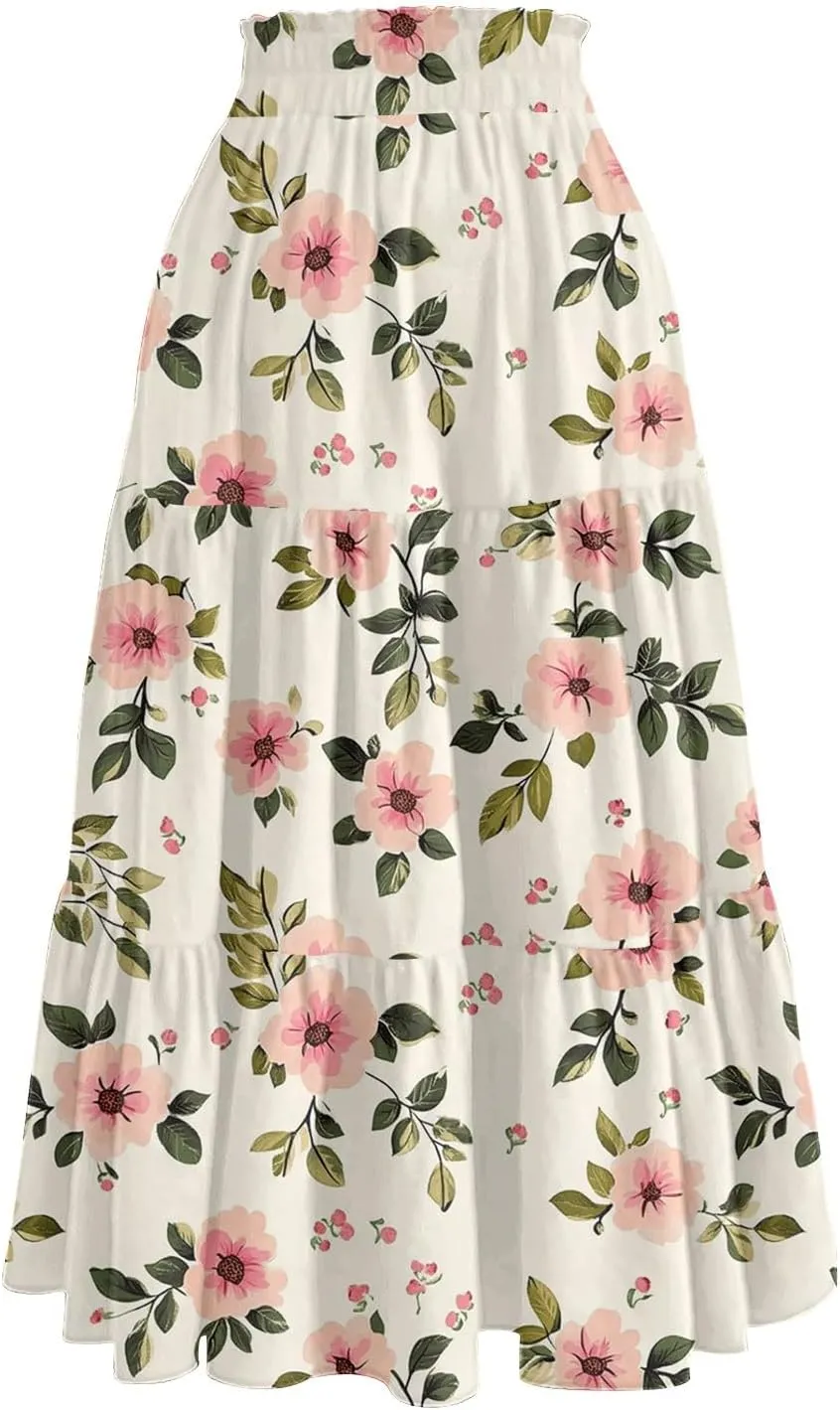 Skirts for Women Summer Midi Skirt High Waist Skirts Knee Length Tiered A Line Floral Graphic Boho Skirt with Pocket