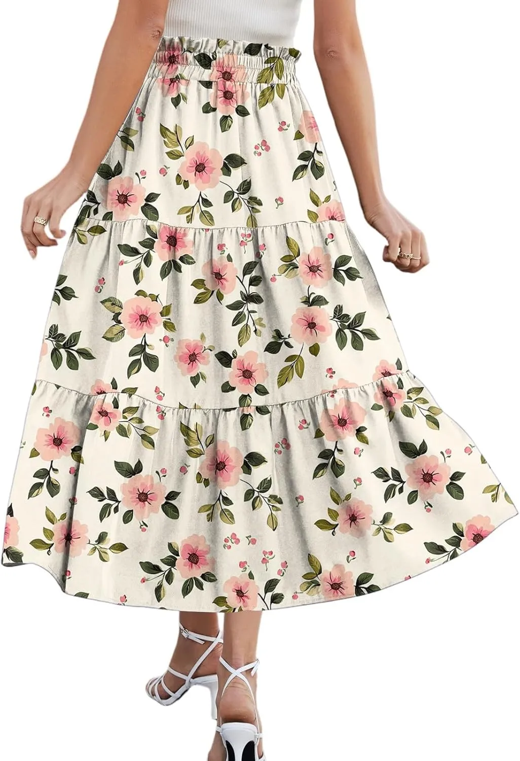Skirts for Women Summer Midi Skirt High Waist Skirts Knee Length Tiered A Line Floral Graphic Boho Skirt with Pocket