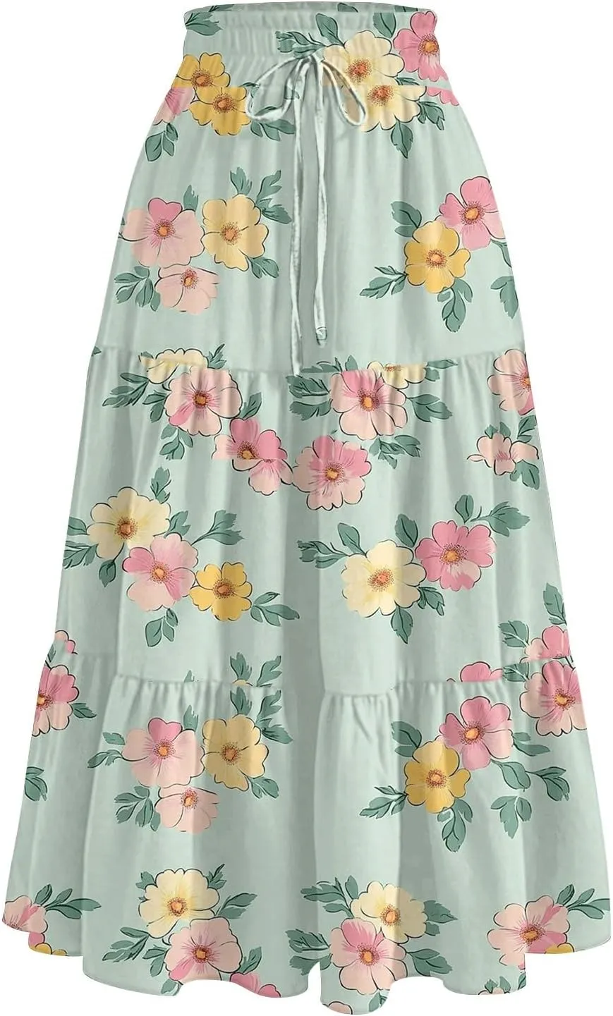 Skirts for Women Summer Midi Skirt High Waist Skirts Knee Length Tiered A Line Floral Graphic Boho Skirt with Pocket