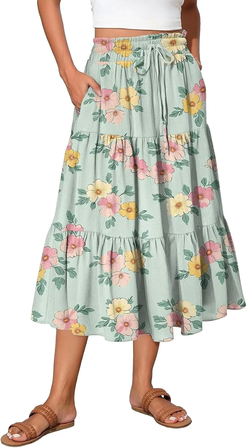 Skirts for Women Summer Midi Skirt High Waist Skirts Knee Length Tiered A Line Floral Graphic Boho Skirt with Pocket