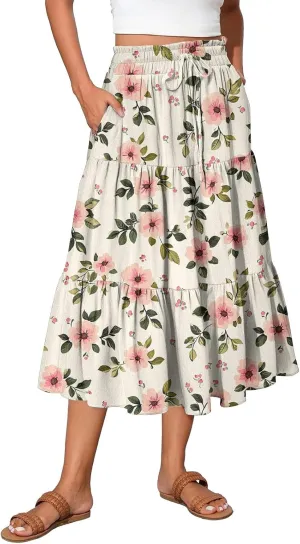 Skirts for Women Summer Midi Skirt High Waist Skirts Knee Length Tiered A Line Floral Graphic Boho Skirt with Pocket