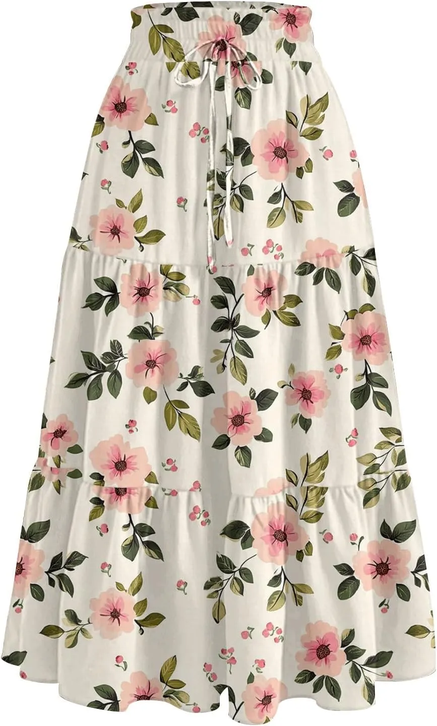 Skirts for Women Summer Midi Skirt High Waist Skirts Knee Length Tiered A Line Floral Graphic Boho Skirt with Pocket