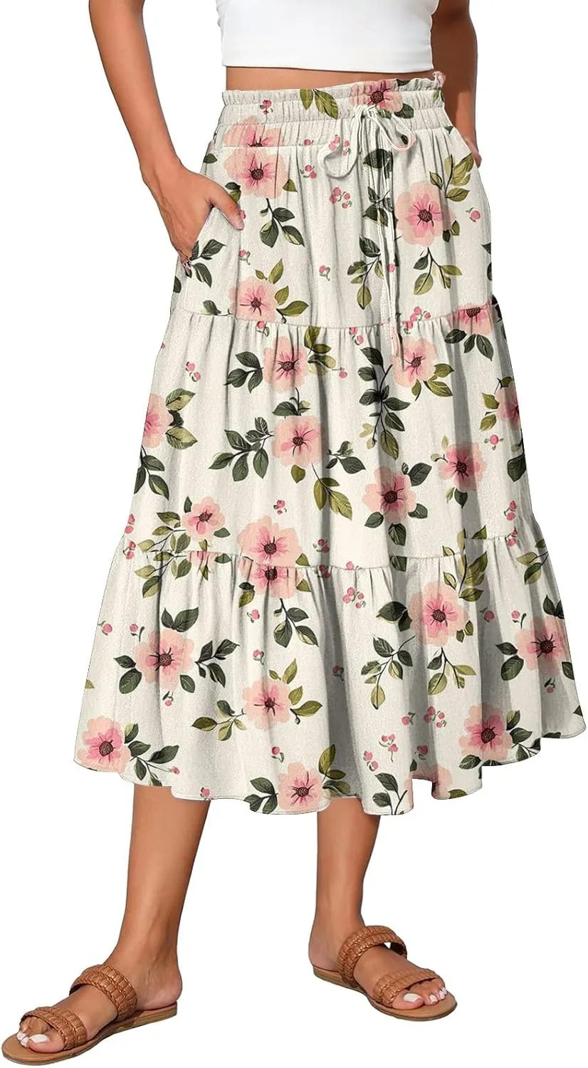 Skirts for Women Summer Midi Skirt High Waist Skirts Knee Length Tiered A Line Floral Graphic Boho Skirt with Pocket