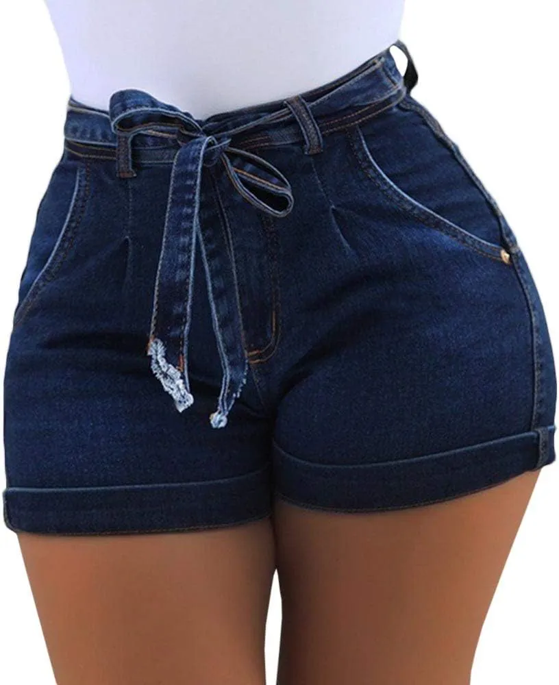 SOMTHRON Sexy Women's Denim Pants Shorts High Rise Tie Bow Waisted Tummy Control Girls Jeans Shorts