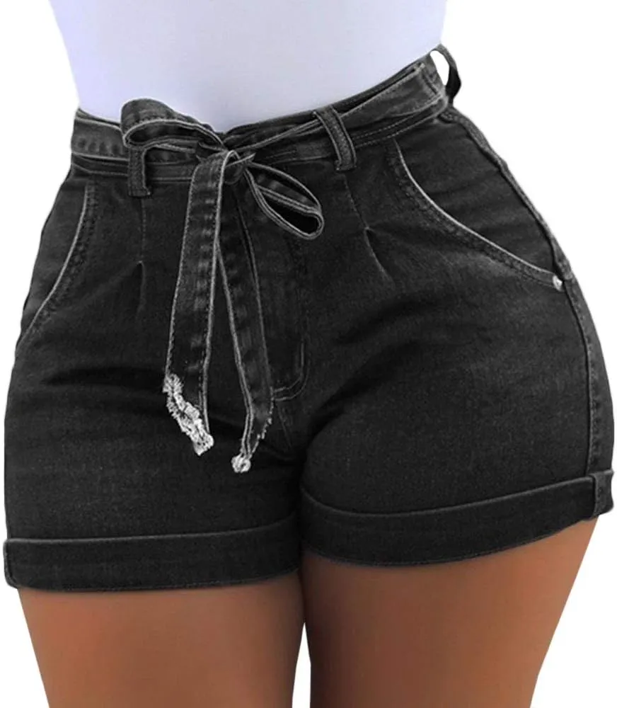 SOMTHRON Sexy Women's Denim Pants Shorts High Rise Tie Bow Waisted Tummy Control Girls Jeans Shorts