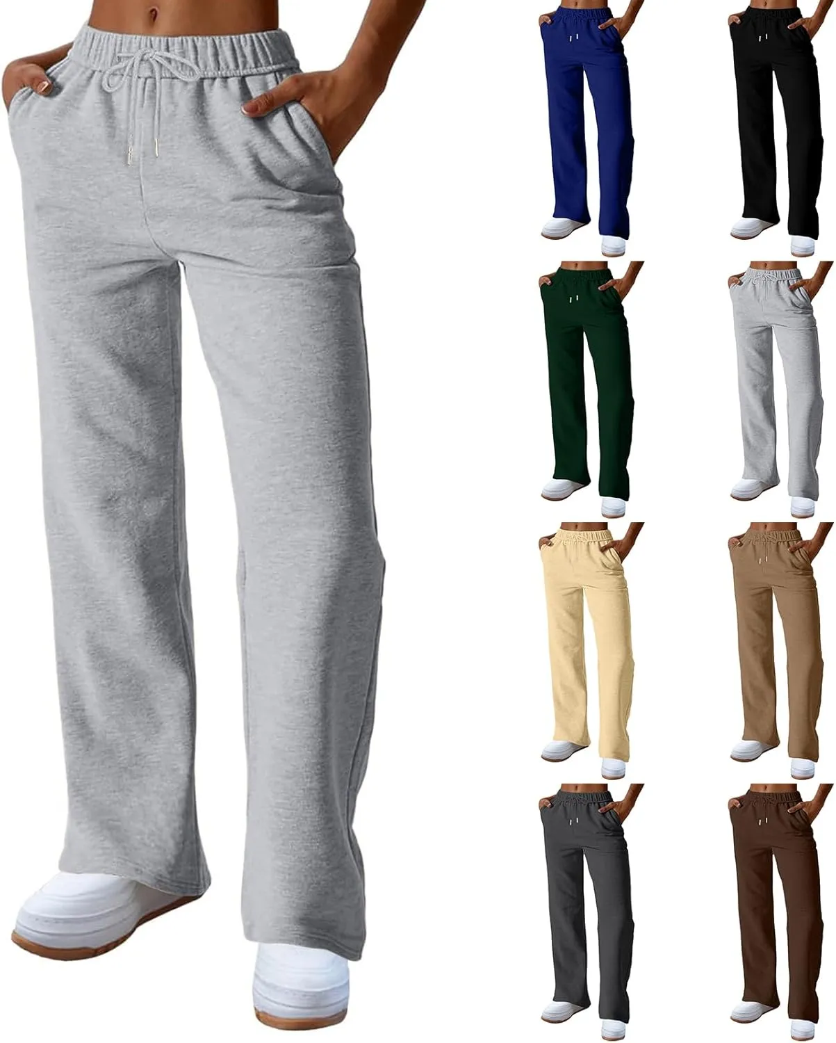 Straight Leg Sweatpants for Women Fleece Wide Leg Drawstring Trousers High Waisted Athletic Joggers with Pockets