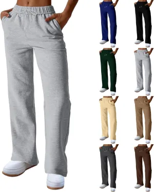 Straight Leg Sweatpants for Women Fleece Wide Leg Drawstring Trousers High Waisted Athletic Joggers with Pockets