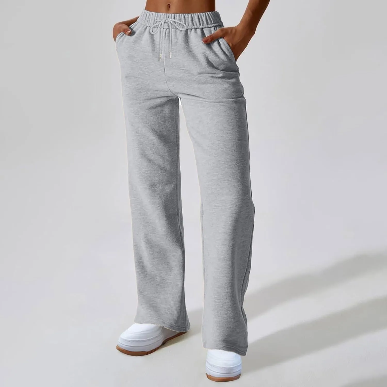 Straight Leg Sweatpants for Women Fleece Wide Leg Drawstring Trousers High Waisted Athletic Joggers with Pockets