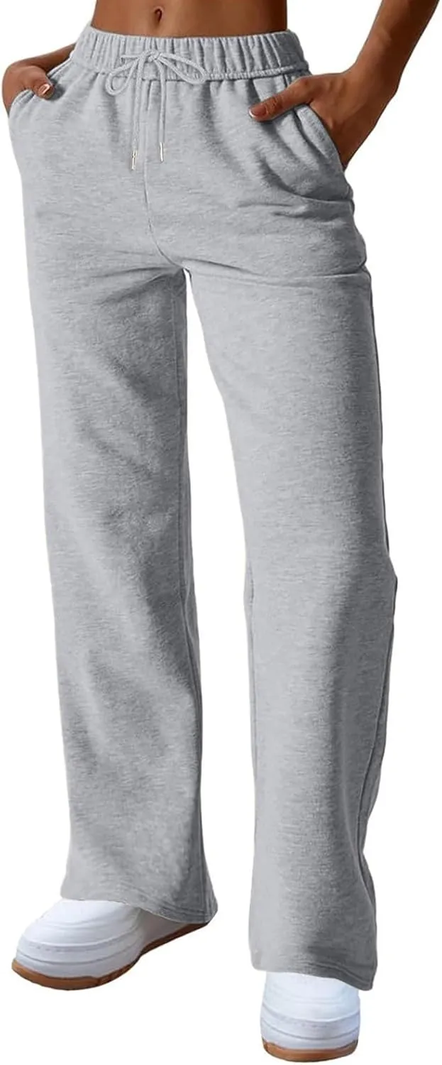 Straight Leg Sweatpants for Women Fleece Wide Leg Drawstring Trousers High Waisted Athletic Joggers with Pockets