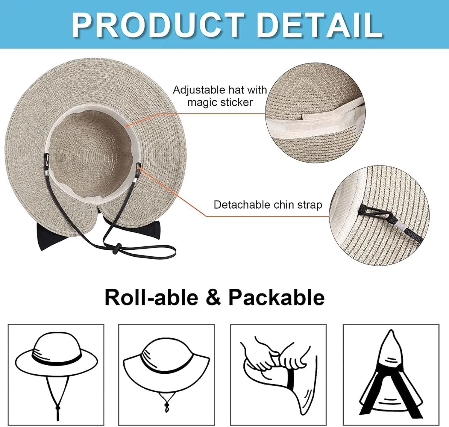 Straw Sun Hat Foldable Packable Wide Brim Summer Beach Hat Crochet Bucket Hat for Women