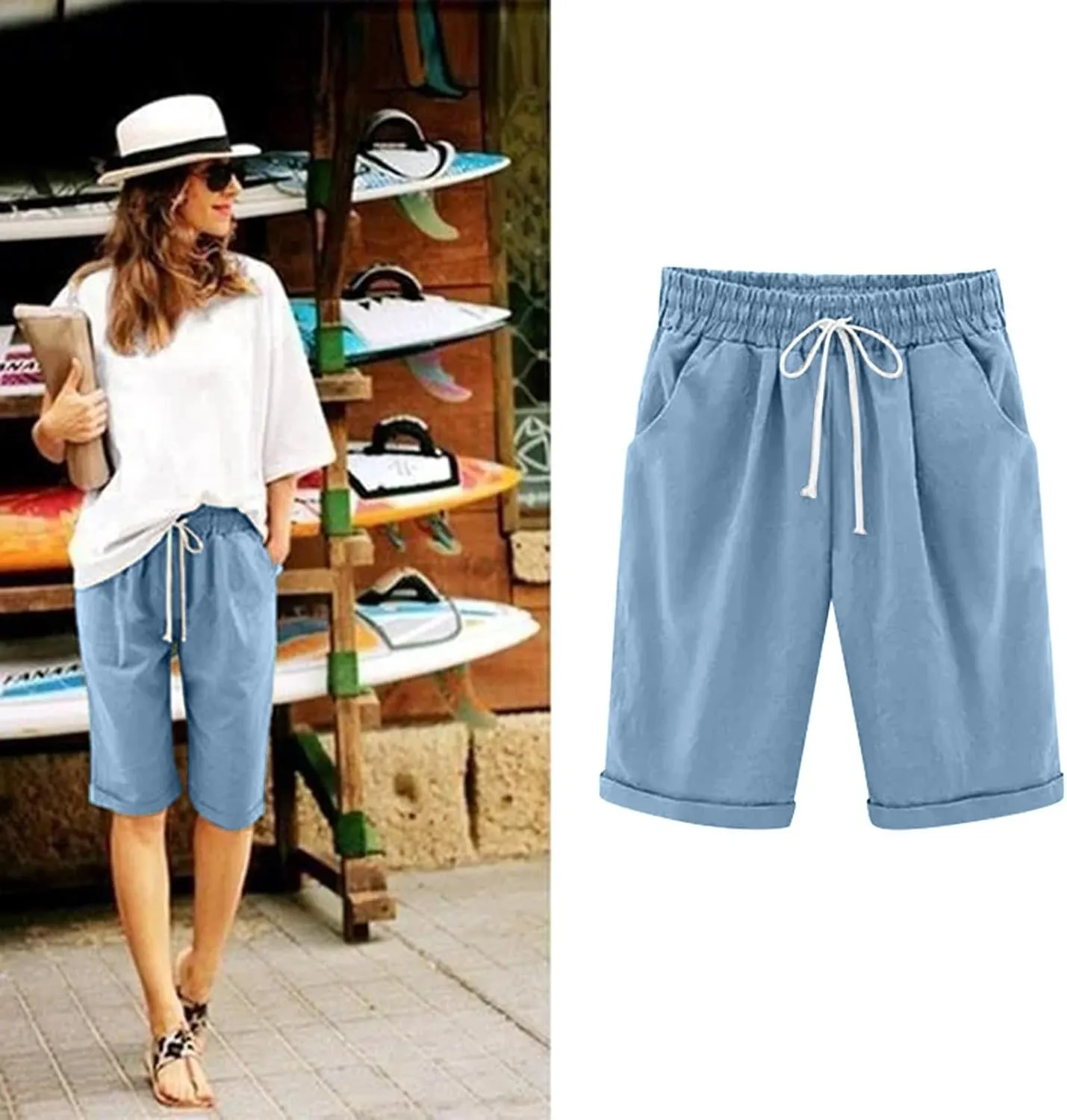 Summer Linen Shorts for Women 2025 High Waisted Casual Knee Length Bermuda Shorts Plus Size Beach Pants with Pockets