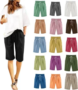 Summer Linen Shorts for Women 2025 High Waisted Casual Knee Length Bermuda Shorts Plus Size Beach Pants with Pockets