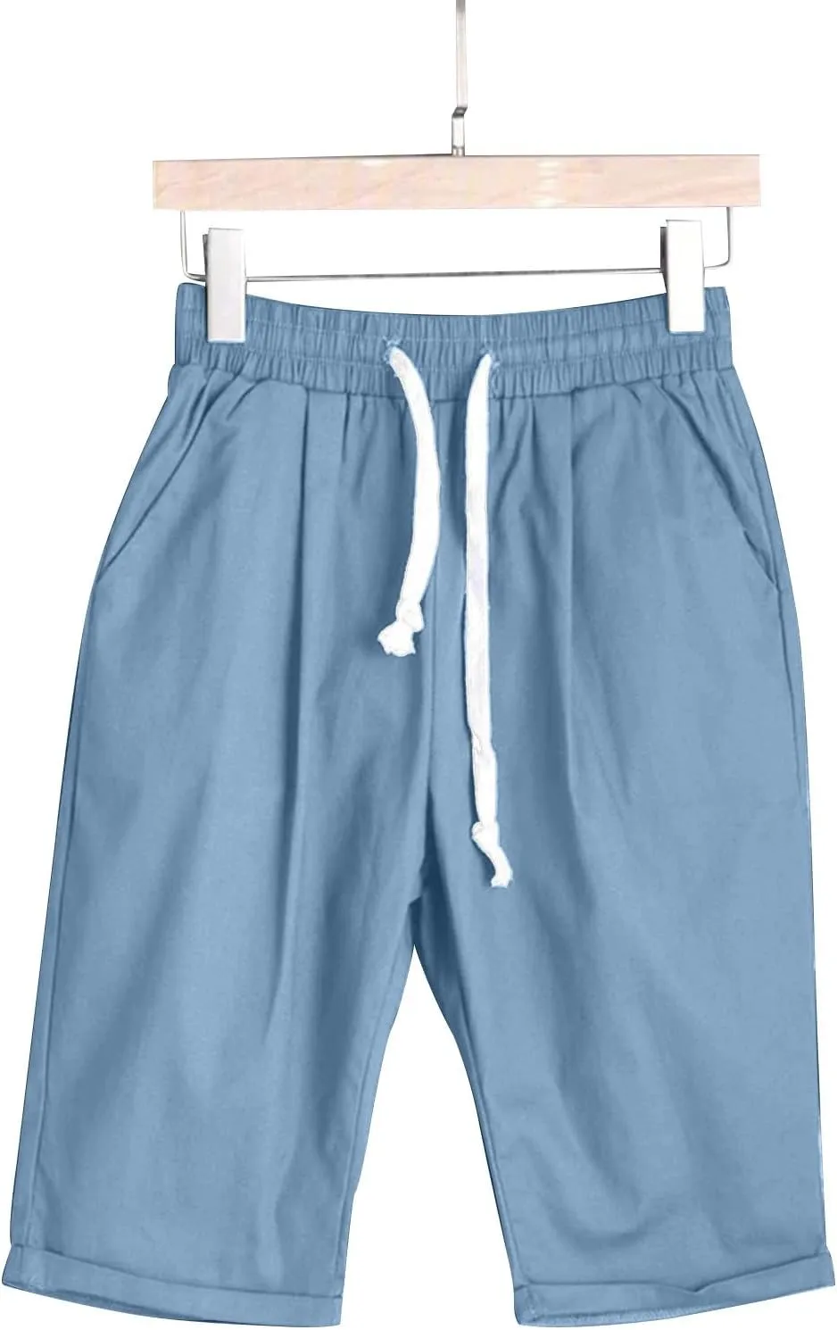 Summer Linen Shorts for Women 2025 High Waisted Casual Knee Length Bermuda Shorts Plus Size Beach Pants with Pockets