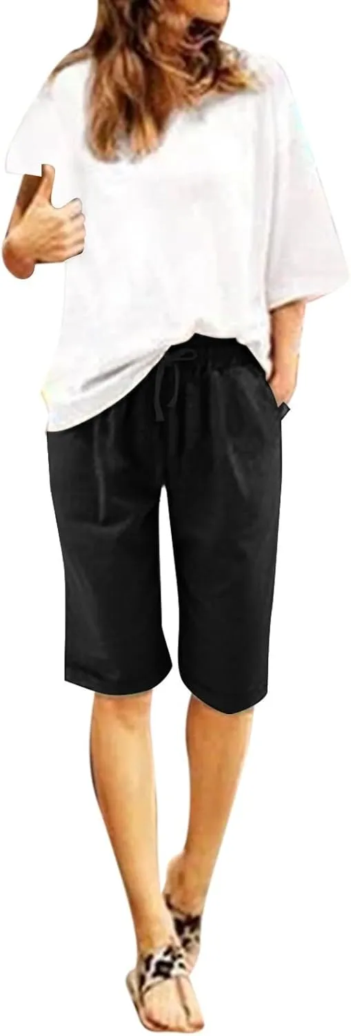 Summer Linen Shorts for Women 2025 High Waisted Casual Knee Length Bermuda Shorts Plus Size Beach Pants with Pockets