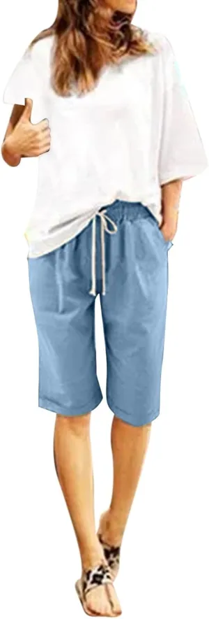 Summer Linen Shorts for Women 2025 High Waisted Casual Knee Length Bermuda Shorts Plus Size Beach Pants with Pockets