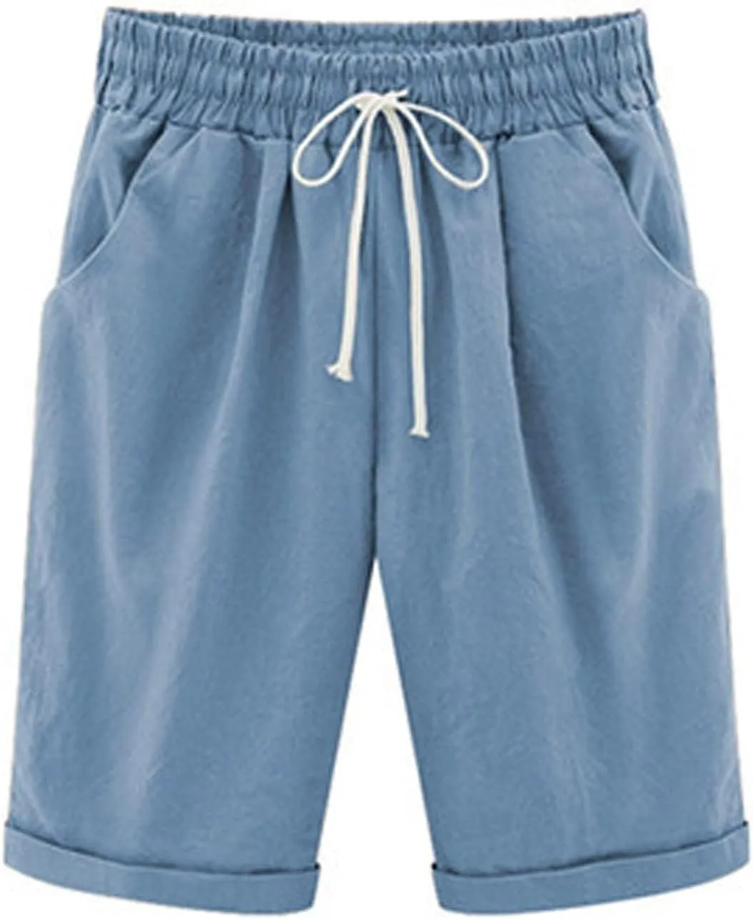Summer Linen Shorts for Women 2025 High Waisted Casual Knee Length Bermuda Shorts Plus Size Beach Pants with Pockets