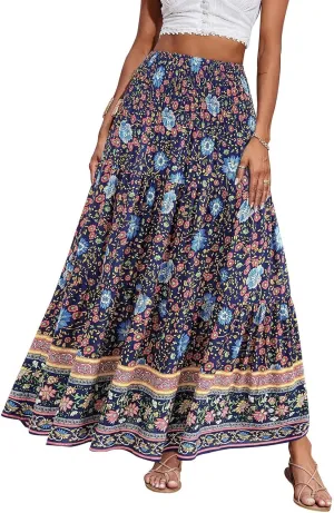 Summer Maxi Skirt for Women Layered Tiered Elastic High Waisted Skirt Smocked A Line Skirts Cute Skirts Long