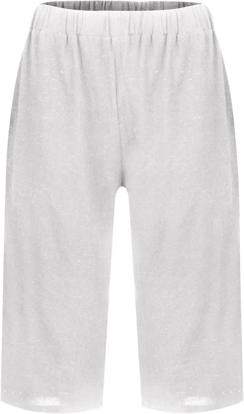 Summer Shorts for Women Elastic High Waisted Linen Pedal Pushers with Pockets Business Casual Cropped Work Pants