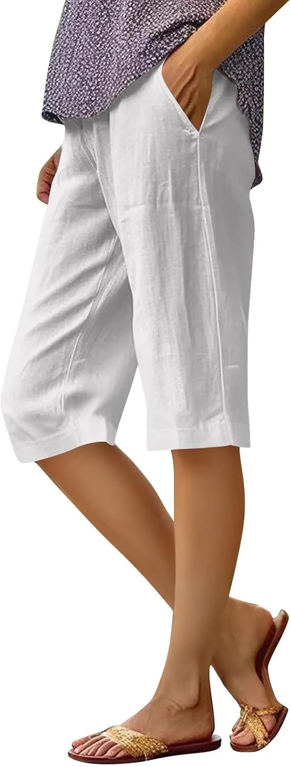 Summer Shorts for Women Elastic High Waisted Linen Pedal Pushers with Pockets Business Casual Cropped Work Pants