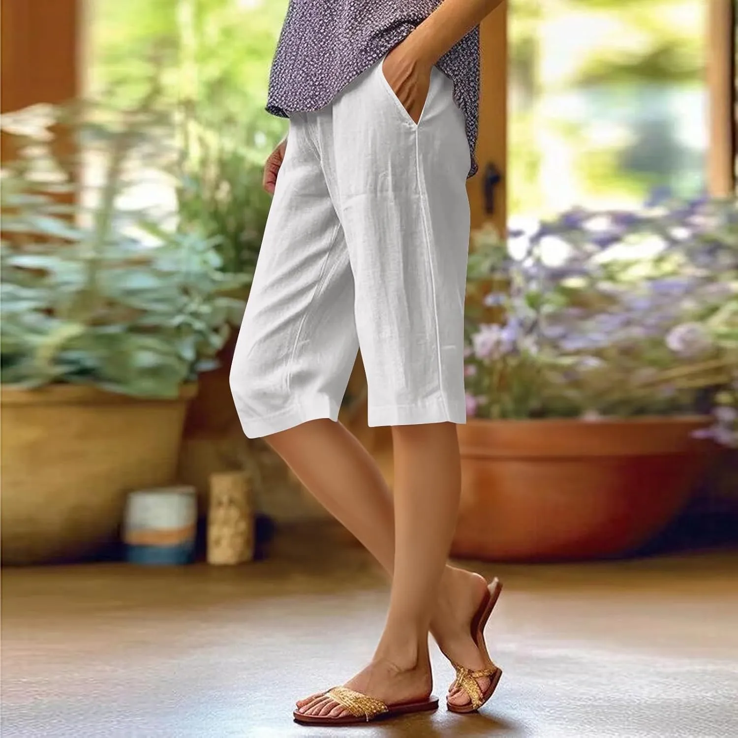 Summer Shorts for Women Elastic High Waisted Linen Pedal Pushers with Pockets Business Casual Cropped Work Pants