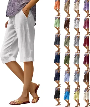 Summer Shorts for Women Elastic High Waisted Linen Pedal Pushers with Pockets Business Casual Cropped Work Pants