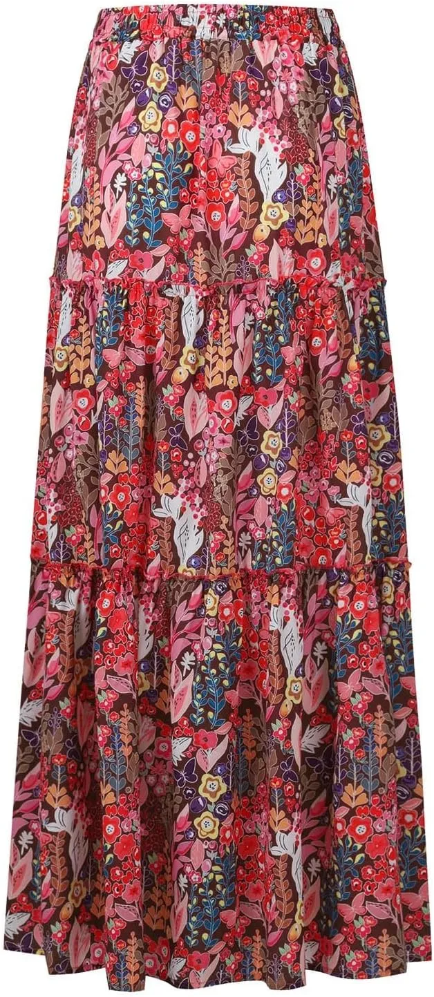 Summer Skirt for Women 2025 Maxi Skirt Drawstring Elastic Smocked Tiered A Line Vacation Long Beach Skirts with Pockets
