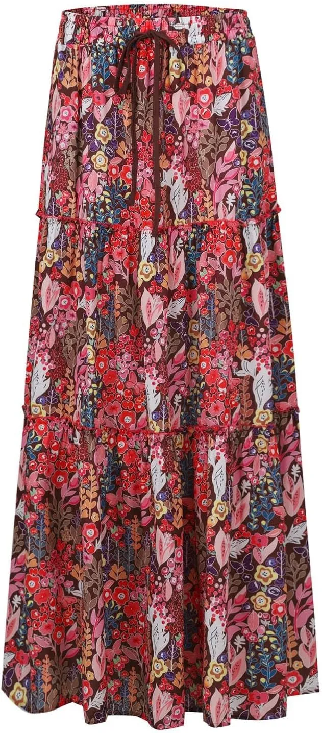 Summer Skirt for Women 2025 Maxi Skirt Drawstring Elastic Smocked Tiered A Line Vacation Long Beach Skirts with Pockets