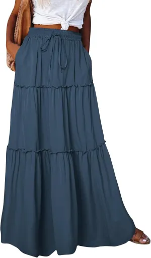 Summer Skirt for Women 2025 Maxi Skirt Drawstring Elastic Smocked Tiered A Line Vacation Long Beach Skirts with Pockets